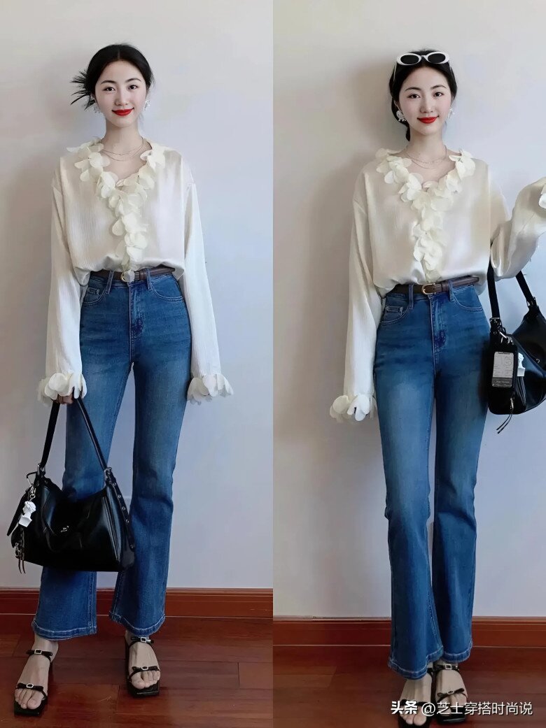 Áo sơ mi trắng với đường diềm bèo tạo thành đường cổ chữ V khéo léo thu gọn vóc dáng, kết hợp với quần jeans ống loe trông vừa thời trang vừa quyến rũ.