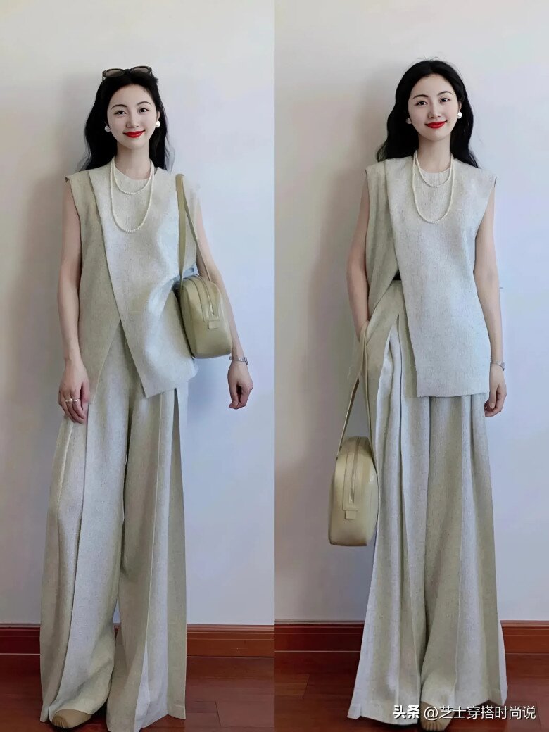 Sự kết hợp giữa áo be và quần ống rộng be đơn giản nhưng thanh lịch, toát lên nét quyến rũ và giản dị.