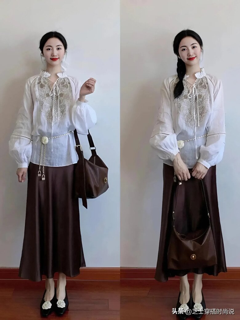 Áo sơ mi trắng kết hợp với chân váy nâu, kiểu dáng rộng rãi bổ sung cho nhau, tạo nên phong cách vừa lười biếng vừa tràn đầy không khí retro.