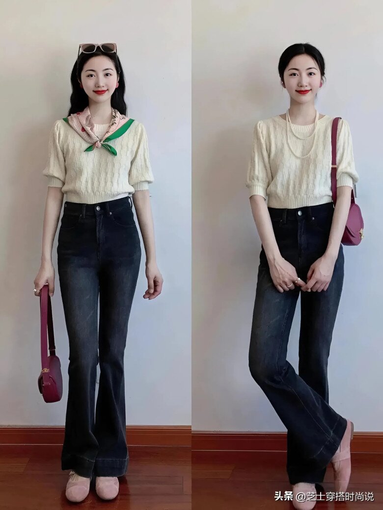 Áo len ngắn tay màu be kết hợp với quần jeans ống loe màu xám xanh có thể dễ dàng thể hiện phong cách thanh lịch.