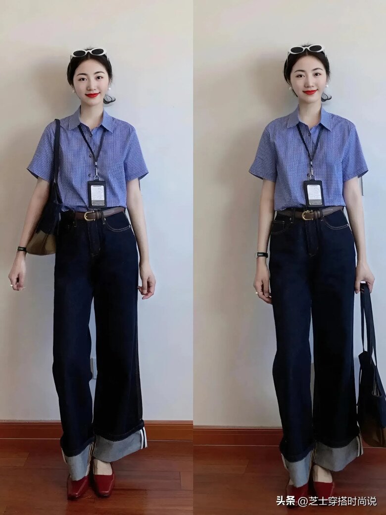 Áo sơ mi kẻ sọc xanh và quần jeans xắn gấu mang phong cách cổ điển đặc trưng của Nhật Bản, đồng thời giúp bạn trông trẻ trung và thời trang hơn.