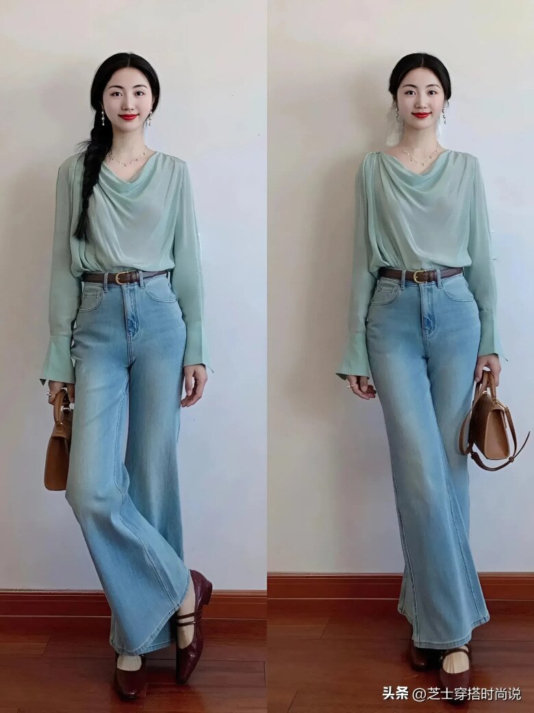 Chọn một chiếc áo sơ mi voan xanh trắng và kết hợp với quần jeans ống loe sáng màu, mang đến sự kết hợp màu sắc tươi mới và phóng khoáng không chỉ tôn lên tông màu da mà còn làm nổi bật khí chất thanh lịch.