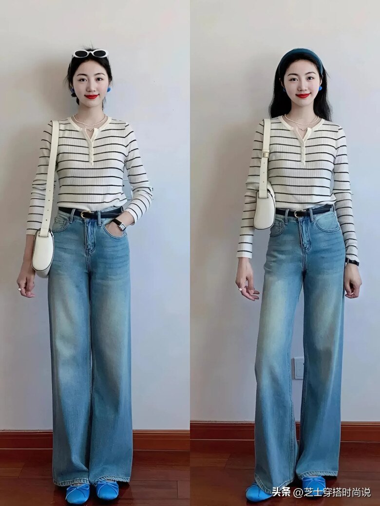 Áo thun kẻ sọc phối cùng quần jeans ống rộng trông đơn giản, tươi mới và thanh lịch.