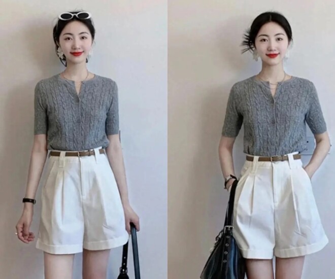 Áo len xám kết hợp với quần short trắng không chỉ thể hiện phong cách đơn giản mà còn toát lên vẻ thoải mái, thư giãn.
