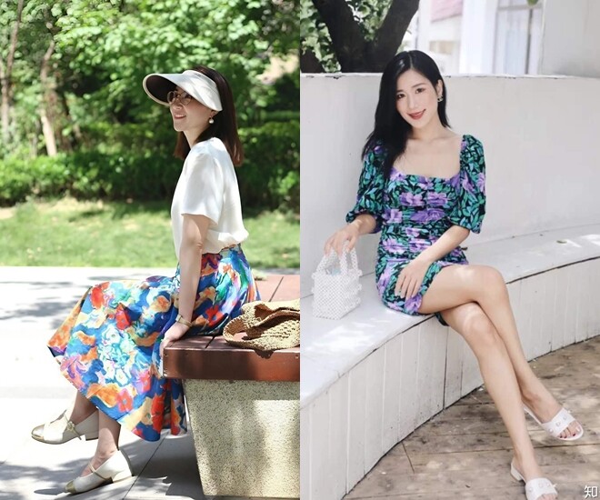 Kiểu váy họa tiết to bản với nhiều màu sặc sỡ khiến chị em trông diêm dúa và như tăng thêm vài tuổi.