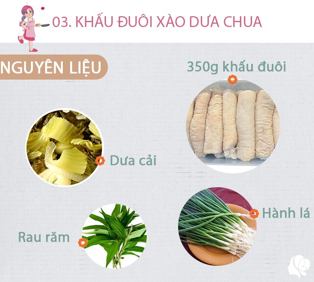Chuẩn bị: 350g khấu đuôi, dưa cải, hành lá, hành khô, rau răm, hạt tiêu, ớt, dầu ăn.