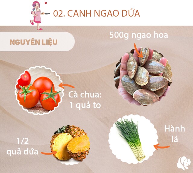 Chuẩn bị: 500g ngao hoa đã ngâm và rửa sạch, 1/2 quả dứa thái lát, 1 quả cà chua bổ múi cau, hành lá thái nhỏ, rau răm thái nhỏ, 1-2 quả me đã cạo sạch vỏ, muối, hành khô, chút dầu ăn.