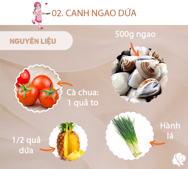 Chuẩn bị: 500g ngao đã ngâm và rửa sạch, 1/2 quả dứa thái lát, 1 quả cà chua bổ múi cau, hành lá và thì là, 1-2 quả me đã cạo sạch vỏ, muối, hành khô, chút dầu ăn, một nắm giá đỗ.