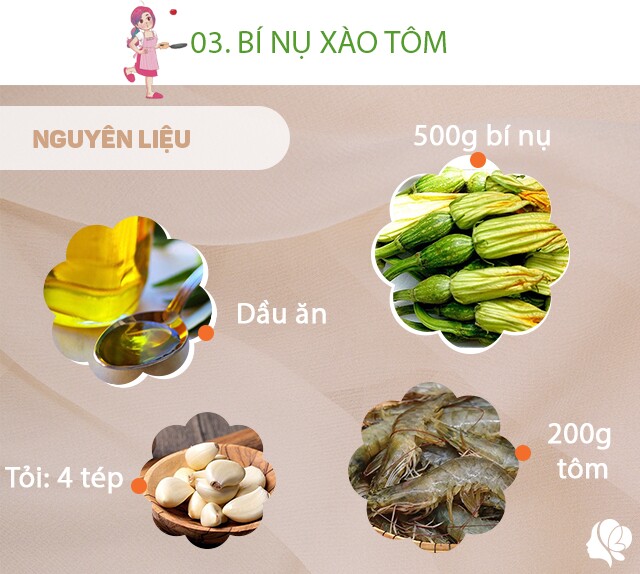 Chuẩn bị: 500g bí nụ, dầu ăn, 4 tép tỏi, 200g tôm tươi, muối.