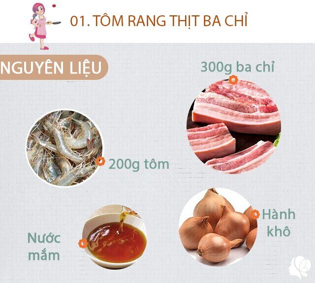 Chuẩn bị: 200gr tôm, 300gr thịt ba chỉ, 2 củ hành khô, 3 thìa nước mắm ngon, 2 thìa nhỏ đường, 1 nhánh hành lá.