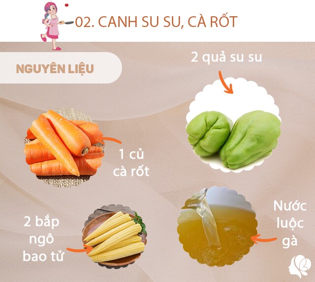 Chuẩn bị: 2 quả su su, 1 củ cà rốt, nước luộc gà, 2 bắp ngô bao tử, muối.