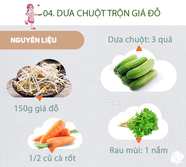 Chuẩn bị: 3 quả dưa chuột, 150g giá đỗ, 1/2 củ cà rốt, rau mùi. Gia vị: Bột canh, đường, chanh, tỏi, ớt.