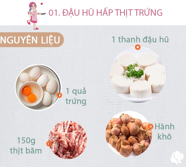 Chuẩn bị: 1 thanh đậu hũ non, 150g thịt băm, hành khô, 1 quả trứng, dầu ăn, bột canh, nước tương. 