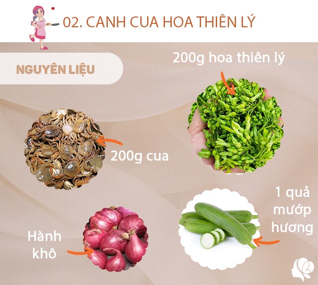 Chuẩn bị: 200g hoa thiên lý, 200g cua đồng, 1 quả mướp hương, hành khô, dầu ăn, muối.