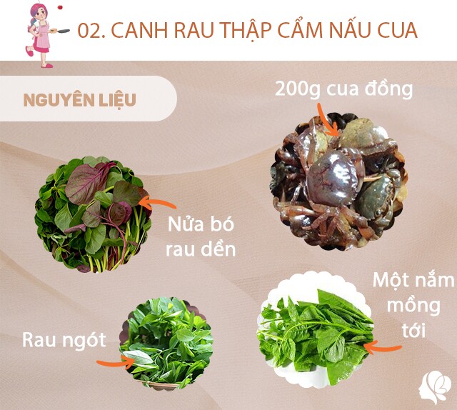 200g cua đồng; 1/2 mớ rau dền đỏ, một nắm mồng tơi, một ít rau ngót, muối, dầu ăn.