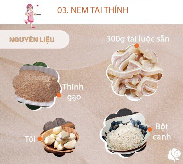 Nguyên liệu: 300g tai heo luộc chín, thái sẵn; 100g thính gạo; 1 muỗng cà phê nước mắm; 1 muỗng cà phê bột canh; 1 muỗng cà phê đường; 1 củ tỏi; 3 quả ớt; 5-7 lá chanh