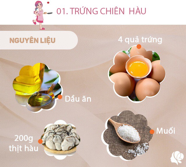 Chuẩn bị: 4 quả trứng gà, 200g thịt hàu, muối vừa ăn, hành lá thái nhỏ, dầu ăn.