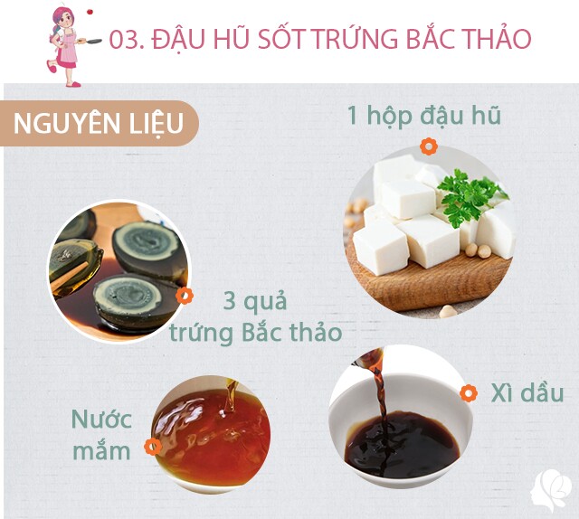 Nguyên liệu:  1 hộp đậu hũ non (có thể ăn ngay, không cần hấp lại) - 2-3 quả trứng bắc thảo (bóc vỏ) - 30g hành lá cắt nhỏ - 15g ớt băm. Một ít hành hoặc rau mùi. Phần sốt: - 15ml xì dầu - 15ml dầu mè - 5ml nước mắm - 15ml nước - Muối, tiêu, sa tế (tương ớt.