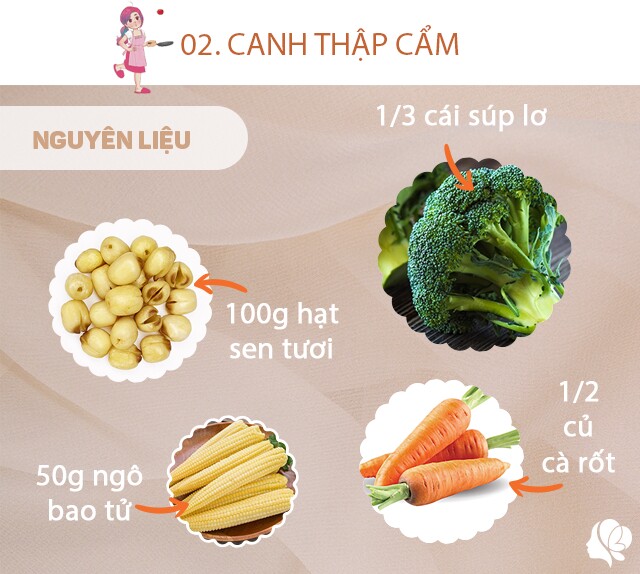Chuẩn bị: Đầu, cổ và chân của con gà đã luộc phía trên, 1/3 cái súp lơ, 1/2 củ cà rốt, một mẩu củ sen, 50g ngô bao tử, 100g hạt sen tươi, hành khô, gừng, muối.