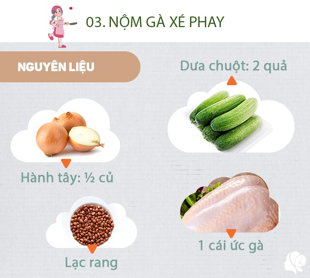 Chuẩn bị: 1 cái ức gà, 2 quả dưa chuột ngâm và rửa sạch với nước muối, 1/2 củ hành tây, lạc rang, rau mùi, một mẩu cà rốt. Gia vị: nước mắm, đường, chanh, ớt, tỏi.