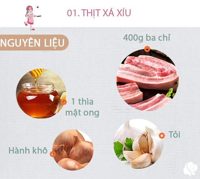 Nguyên liệu: - Thịt ba chỉ: 400 gram, 1 gói gia vị xá xíu, 5 tép tỏi, 1 củ hành khô, 1 thìa mật ong.
