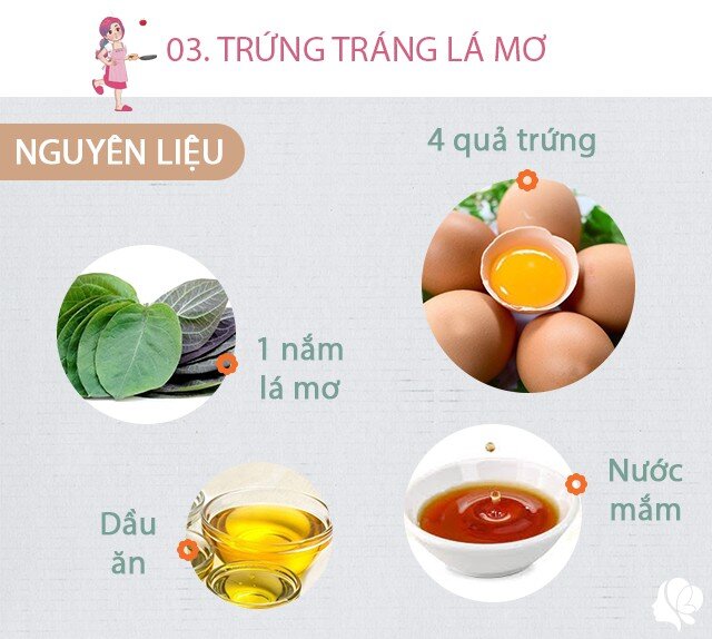 Chuẩn bị: 4 quả trứng, 1 nắm lá mơ, nước mắm, dầu ăn.