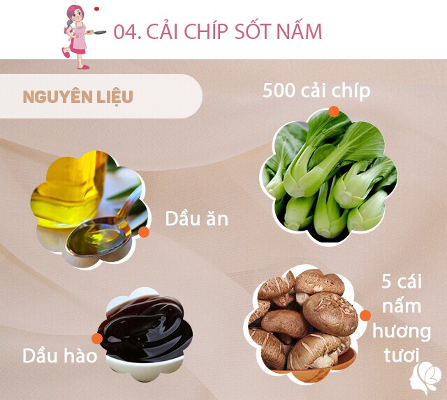 Chuẩn bị: 500g cải chíp rửa sạch, 5 cái nấm hương tươi rửa sạch, dầu ăn, dầu hào, 2/3 muỗng canh bột năng, dầu hào, muối, tỏi.