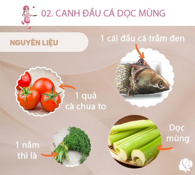 Chuẩn bị: 1 cái đầu cá trắm (khoảng 600g), 1 quả cà chua to, 1 quả khế chua to, 1 nắm lá thì là, 1 quả dọc, hành lá, tỏi, muối, một nắm dọc mùng.