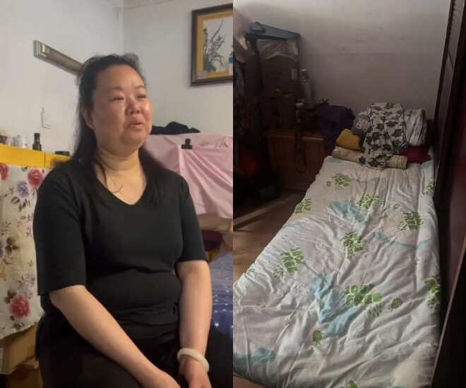 Bà Qi Qing chia sẻ về việc con trai đỗ nghiên cứu sinh với khuôn mặt rạng rỡ. Bên phải bức ảnh là chiếc giường của bà luôn được kê gần với giường con trai để tiện chăm sóc. 