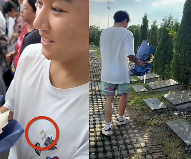 Hình ảnh nam sinh Thượng Nhiêu dán ảnh của mẹ lên áo khi tham gia kỳ thi đại học. Ngay sau khi thi xong, em đã mang hoa đến mộ của mẹ. Ảnh chụp màn hình từ internet.