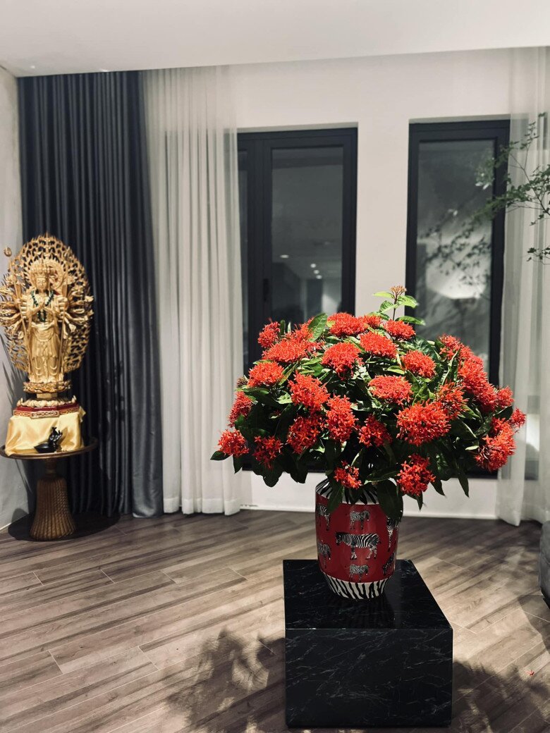 Bình hoa mẫu đơn đỏ được cắm chắc tay trong lọ gốm đỏ – đen, đặt trên bệ đá. Tường kính và rèm trắng tạo phông nền trung tính giúp hoa thêm nổi bật.
