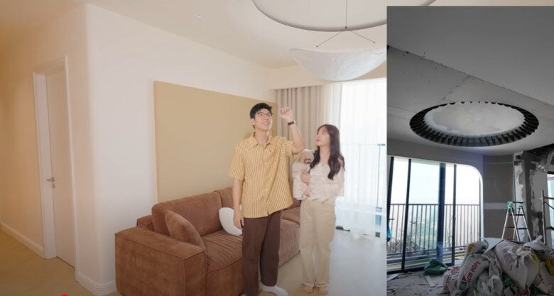 Mạnh Cường chia sẻ ý tưởng trần nhà là niềm tự hào của anh. Cặp đôi quyết định lật lên làm thành một vách cong, kết hợp với một đường dây đèn LED, làm phòng khách cao và thoáng hơn.