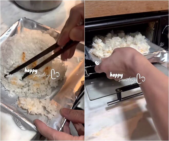 Đại gia Đức An cẩn thận dàn đều phần cơm nguội lên khay lót giấy bạc để nướng tạo lớp cơm giòn rụm để món cơm chiên thêm phần hấp dẫn.