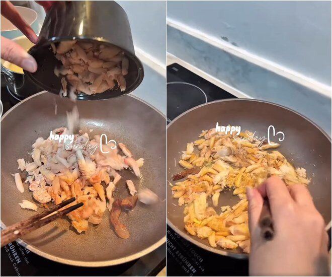 Thịt cua được sơ chế sạch sẽ rồi đem xào cùng gia vị, dậy mùi đặc trưng, là thành phần chính không thể thiếu trong món cơm chiên cua.