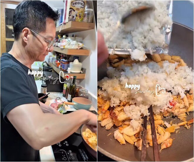 Ông xã Phan Như Thảo vừa xào thịt cua vừa chuẩn bị thêm nguyên liệu, sau đó trút phần cơm cháy nướng giòn vào chảo, trộn đều với cua.