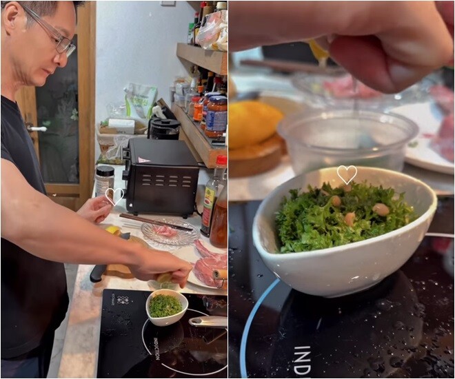 Trước đó, Phan Như Thảo khoe lần vào bếp khác của chồng với bữa ăn sang chảnh. Đại gia Đức An cắt rau trộn cùng dầu olive, nước cốt chanh tạo nên phần salad thanh mát, chống ngấy hiệu quả.