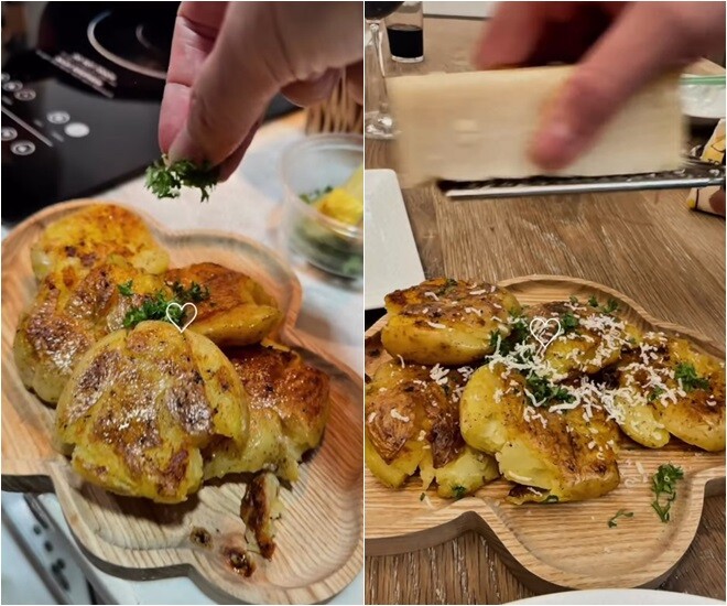 Khoai tây luộc chín rồi dập nhẹ, áp chảo vàng đều hai mặt, rắc thêm rau thơm và phô mai bào. Đây là món ăn kèm phổ biến trong ẩm thực châu Âu, ăn cùng thịt hay sườn nướng là chuẩn bài.