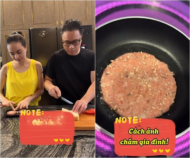 Cặp đôi cùng nhau chuẩn bị nguyên liệu trong bếp – thịt xay, cà rốt, sandwich được sơ chế tỉ mỉ. Victor Vũ tập trung cắt bánh, thái rau củ, còn Ngọc Diệp ân cần làm nhân. Miếng patty (thịt xay viên tròn) được cô ép dẹt, chiên trong chảo nóng.