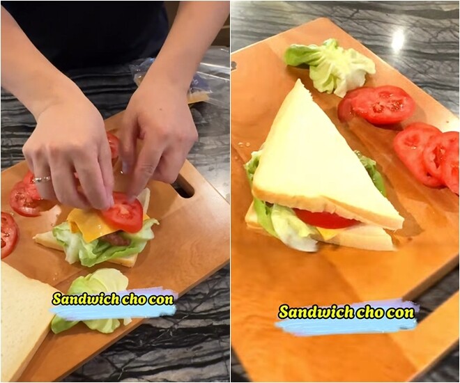 Ông bố 2 con tỉ mẩn xếp từng lát cà chua, rau xà lách, phô mai lên miếng sandwich tam giác – chiếc bánh được làm chỉn chu và đầy đủ dinh dưỡng cho con lại đầy màu sắc.