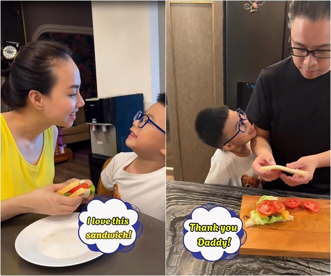 Cậu con trai hớn hở thốt lên “I love this sandwich!”. Nhóc tì còn nói “Thank you Daddy!” vừa ngọt ngào vừa xúc động khi được bố nấu ăn.