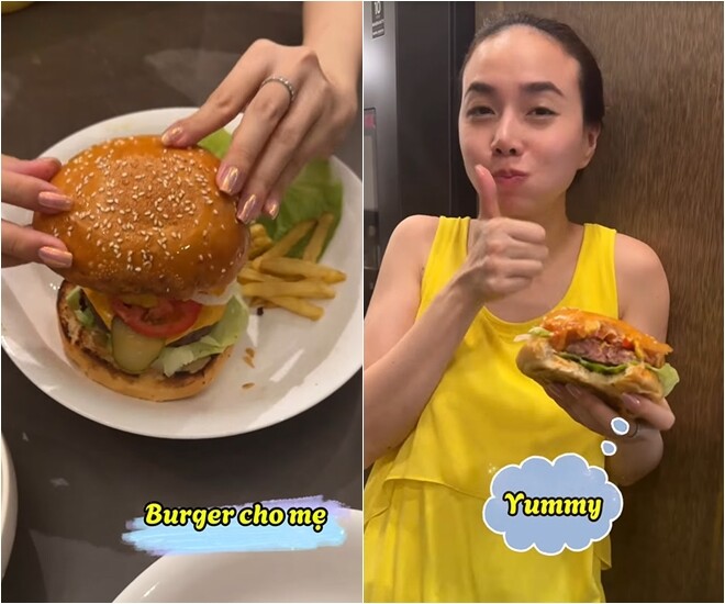 “Burger cho mẹ” – chiếc bánh to tròn, hấp dẫn với lớp nhân đầy ụ. Ngọc Diệp cắn một miếng lớn, nở nụ cười hài lòng, khen “Yummy!” hết cỡ.