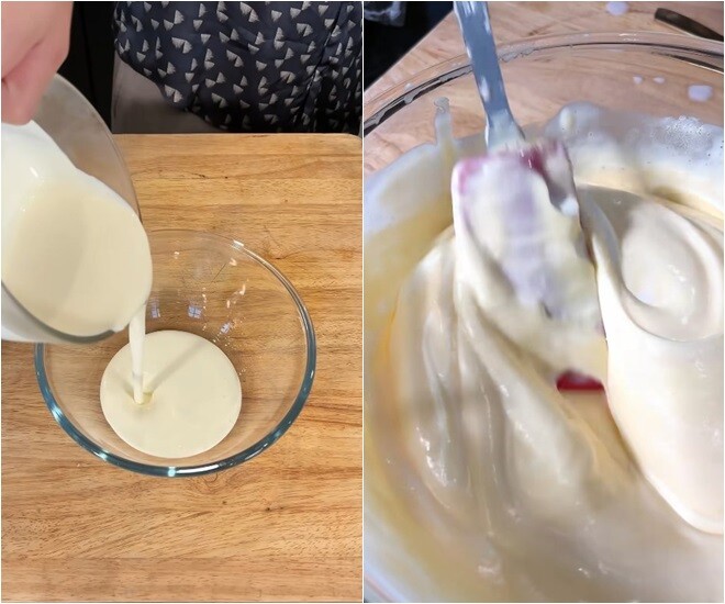 Whipping cream được đánh bông đúng chuẩn, chỉ cần úp tô xuống không đổ là đạt. Sau đó trộn nhẹ cùng mascarpone và phần trứng đã nguội.