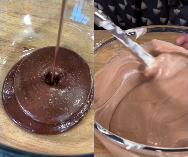 Phần kem được chia đôi, một phần hòa cùng sốt Milo để tạo vị lạ, béo ngậy và thơm mùi sô-cô-la.