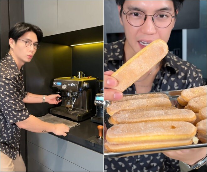 Chuẩn bị espresso bằng máy pha cà phê chuyên nghiệp, ngâm nhanh lady finger rồi xếp lớp bánh xen kẽ lớp kem socola và kem trắng.