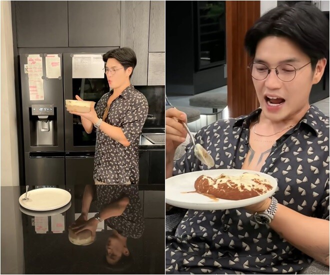 Sau vài tiếng trong tủ lạnh, món bánh đã hoàn chỉnh. Huy Trần chuẩn bị nếm thử và không quên chia sẻ miếng bánh cho khán giả: “Ngon nhớ mọi người! Cái này dễ làm lắm”.