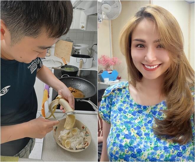 Trong căn bếp nhỏ, ông xã Hoa hậu Diễm Hương chăm chú gọt chuối để hoàn thiện món cơm chan chuối độc đáo - sự kết hợp vừa lạ vừa thân quen giữa chuối chín, cơm trắng và nước gà kho gừng.