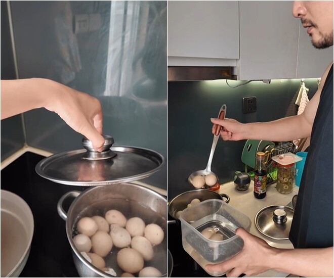 Anh Tuấn luộc tới 14 quả trứng và cho biết: “Trứng luộc trong vòng 6 phút, nhưng trước đó phải ngâm cho bớt lạnh vì trứng lấy từ tủ lạnh ra”. Tuy nhiên 2 quả đã bị vỡ trong quá trình luộc. Sau khi luộc, trứng được ngâm vào nước lạnh để dễ bóc vỏ. Cô vợ vừa phụ bóc trứng vừa “thương lượng”: “Em không làm gì đâu nha, không anh lại bảo hỏng là tại em”.