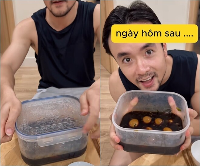 Trứng sau khi bóc được thả vào hộp, chan nước sốt lên trên và đậy kín, cất tủ lạnh qua đêm. “Đây là thành quả của hai vợ chồng nha!” – Anh Đào xác nhận sự hỗ trợ của mình trong “bước quan trọng nhất”. Sáng hôm sau, Anh Tuấn hồ hởi khoe thành phẩm trứng ngâm tương sau một đêm ủ lạnh, nước sốt đã thấm đều, nhìn là thấy mê.