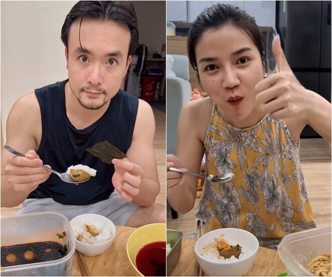 Anh Tuấn từ tốn ăn thử cùng cơm trắng và rong biển, gật gù. Trong khi Anh Đào tấm tắc: “Ôi mọi người ơi, em không nghĩ món trứng ngâm tương chồng em lần đầu làm mà lại ngon thế. 10 điểm nha! Trứng ngon, lòng đào đậm vị, ăn bắt cơm cực kỳ luôn!”