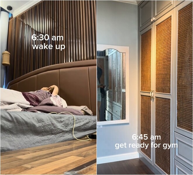 Vlog về một ngày của cô đã hé lộ không gian sống. Trong đó, phòng ngủ đơn giản nhưng đầy ấm áp với điểm nhấn là bức tường ốp gỗ chạy dọc đầu giường và hệ giường da nâu trầm, tạo cảm giác vững chãi, yên tĩnh.